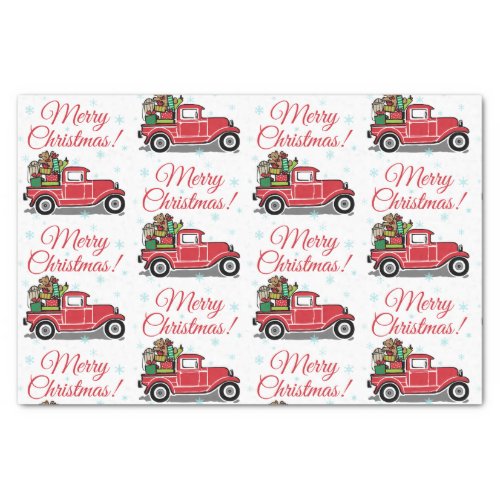 Red Vintage Truck with Toys Snowflakes Christmas Tissue Paper