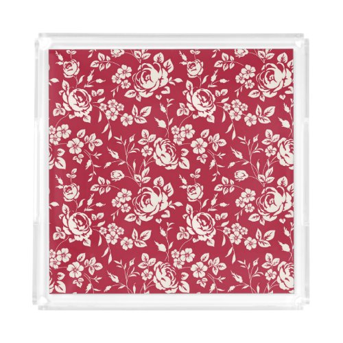 Red Vintage White Rose Silhouettes Acrylic Tray