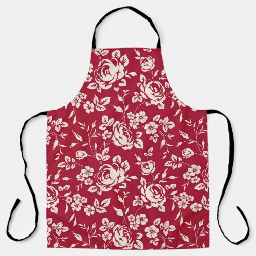 Red Vintage White Rose Silhouettes Apron