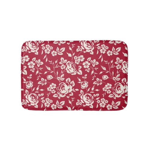 Red Vintage White Rose Silhouettes Bath Mat