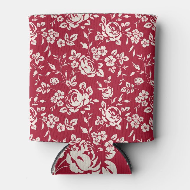 Red Vintage: White Rose Silhouettes. Can Cooler (Front)