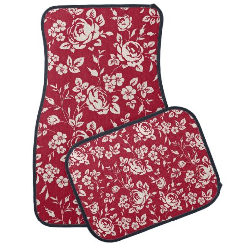 Red Vintage White Rose Silhouettes Car Floor Mat