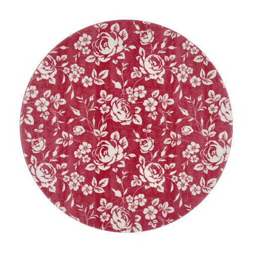 Red Vintage White Rose Silhouettes Cutting Board