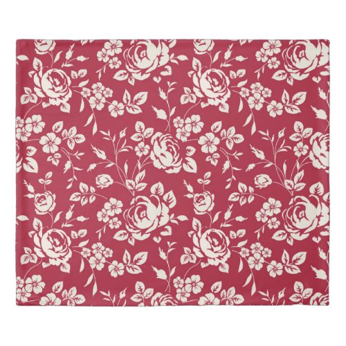 Red Vintage White Rose Silhouettes Duvet Cover