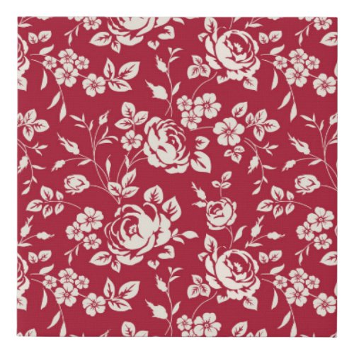 Red Vintage White Rose Silhouettes Faux Canvas Print
