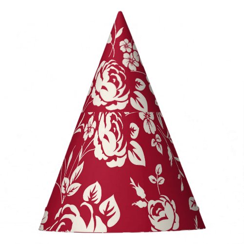 Red Vintage White Rose Silhouettes Party Hat