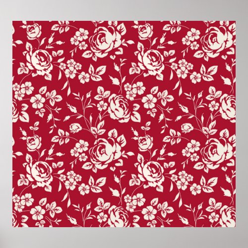 Red Vintage White Rose Silhouettes Poster
