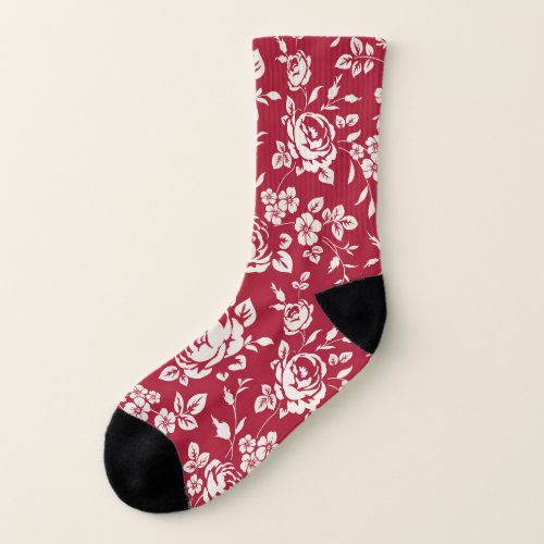 Red Vintage White Rose Silhouettes Socks