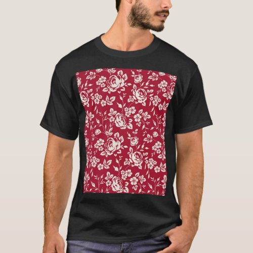 Red Vintage White Rose Silhouettes T_Shirt