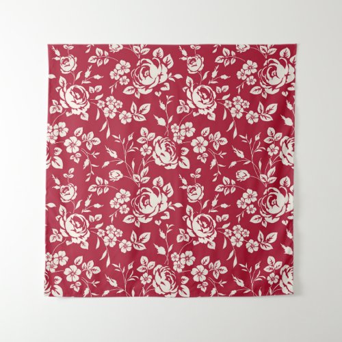 Red Vintage White Rose Silhouettes Tapestry