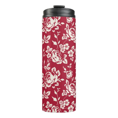 Red Vintage White Rose Silhouettes Thermal Tumbler