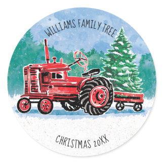 Red VintageTractor Christmas Tree Add Name Classic Round Sticker