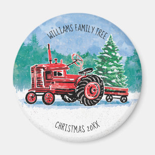Red VintageTractor Christmas Tree Add Name Magnet