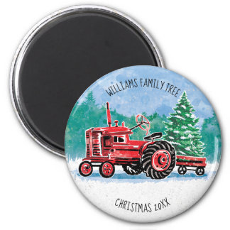 Red VintageTractor Christmas Tree Add Name Magnet