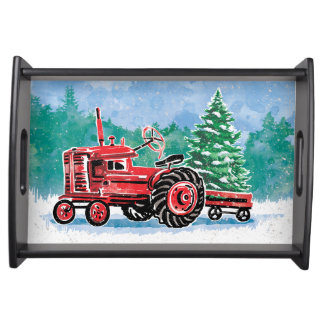 Red VintageTractor Christmas Tree Add Name Serving Tray