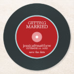 Red Vinyl Record Wedding Save the Date Wedding Round Paper Coaster<br><div class="desc">Adorable retro vinyl record wedding save the date design.</div>