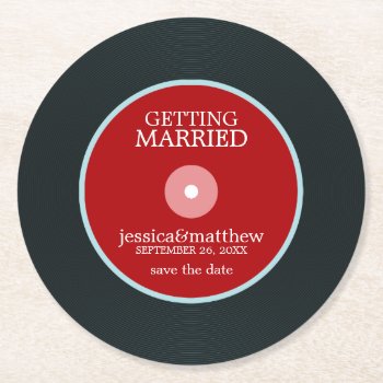 Red Vinyl Record Wedding Save The Date Wedding Round Paper Coaster by heartlocked at Zazzle