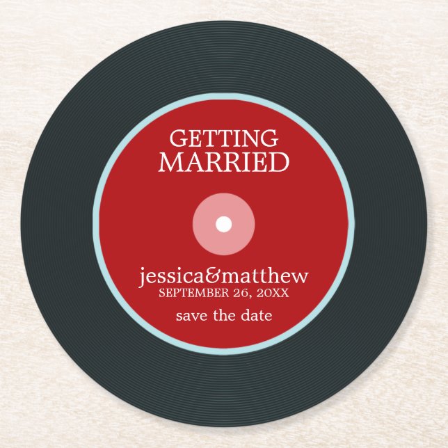 Red Vinyl Record Wedding Save the Date Wedding Round Paper Coaster (Front)