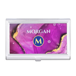 Red-Violet & Gold Liquid Ink, Monogram & Name Business Card Case