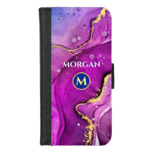 Red-Violet & Gold Liquid Ink, Monogram & Name iPhone 8/7 Wallet Case
