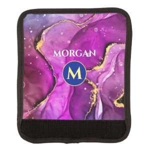 Red-Violet & Gold Liquid Ink, Monogram & Name Luggage Handle Wrap
