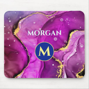 Red-Violet & Gold Liquid Ink, Monogram & Name Mouse Pad