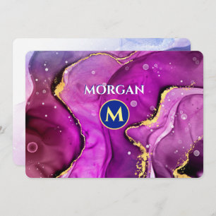 Red-Violet & Gold Liquid Ink, Monogram & Name Note Card