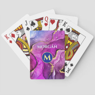 Red-Violet & Gold Liquid Ink, Monogram & Name Poker Cards