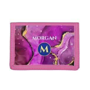 Red-Violet & Gold Liquid Ink, Monogram & Name Tri-fold Wallet