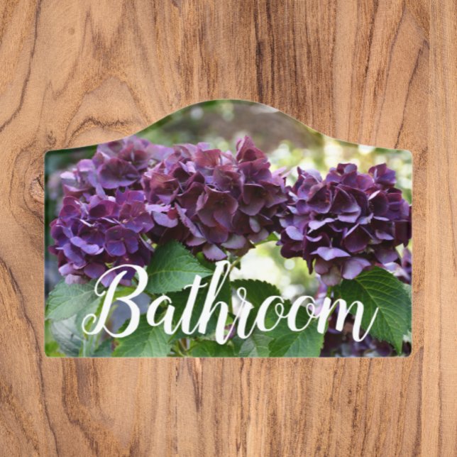 Red Violet Hydrangea Blooms Floral Bathroom Door Sign (In Situ)