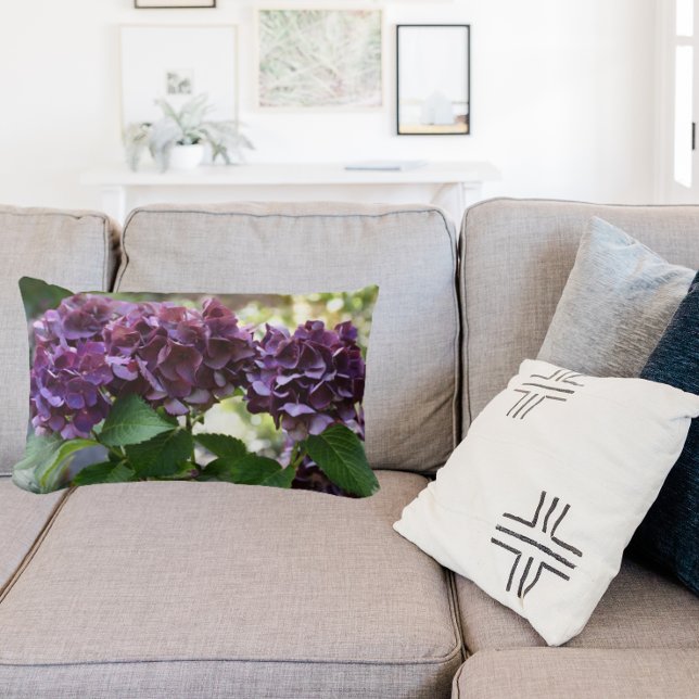 Red Violet Hydrangea Blooms Floral Lumbar Pillow (In Situ Sofa)