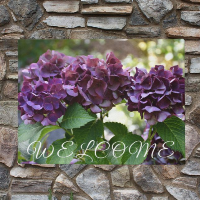 Red Violet Hydrangea Blooms Floral Welcome Doormat (In Situ)