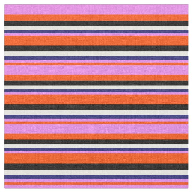Red, Violet, Midnight Blue, White & Black Stripes Fabric (Close Up)