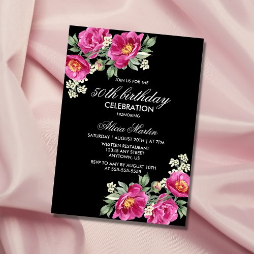 Red Violet Peony Floral Black 50th Birthday  Invitation