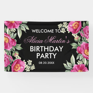 Red Violet Peony Floral Black Birthday Welcome Banner
