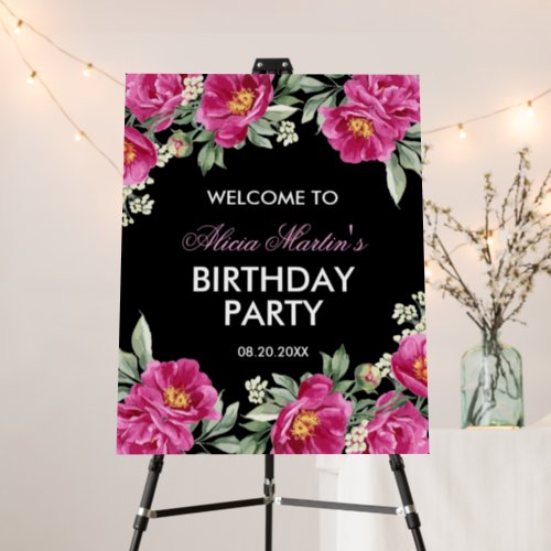Red Violet Peony Floral Black Birthday Welcome Foam Board