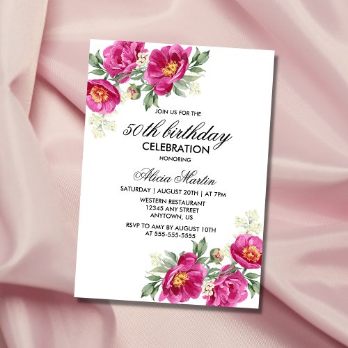 Red Violet Peony Floral Greenery 50th Birthday Invitation