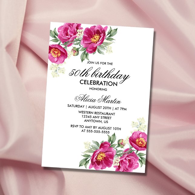 Red Violet Peony Floral Greenery 50th Birthday Invitation (Creator Uploaded)