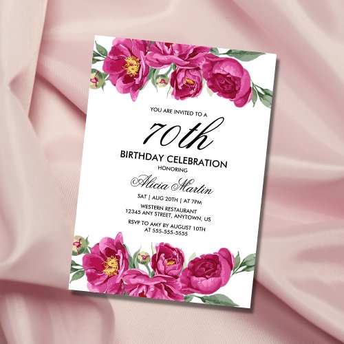 Red Violet Peony Floral Greenery 70th Birthday  Invitation