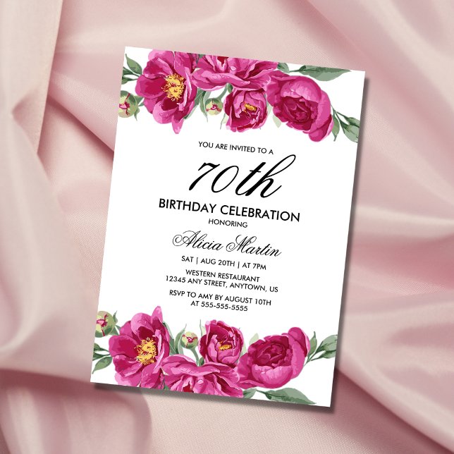 Red Violet Peony Floral Greenery 70th Birthday  Invitation (Creator Uploaded)