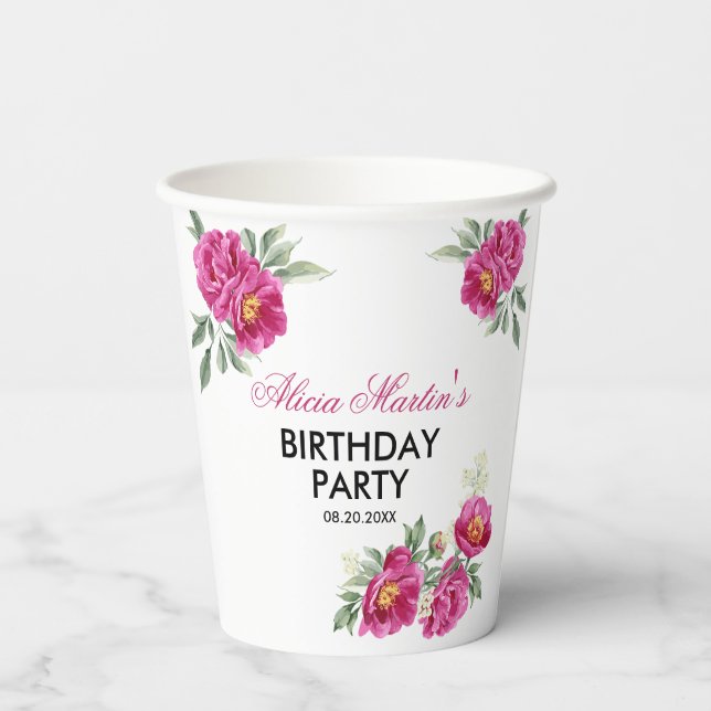 Red Violet Peony Floral Greenery Birthday  Paper Cups (Back)