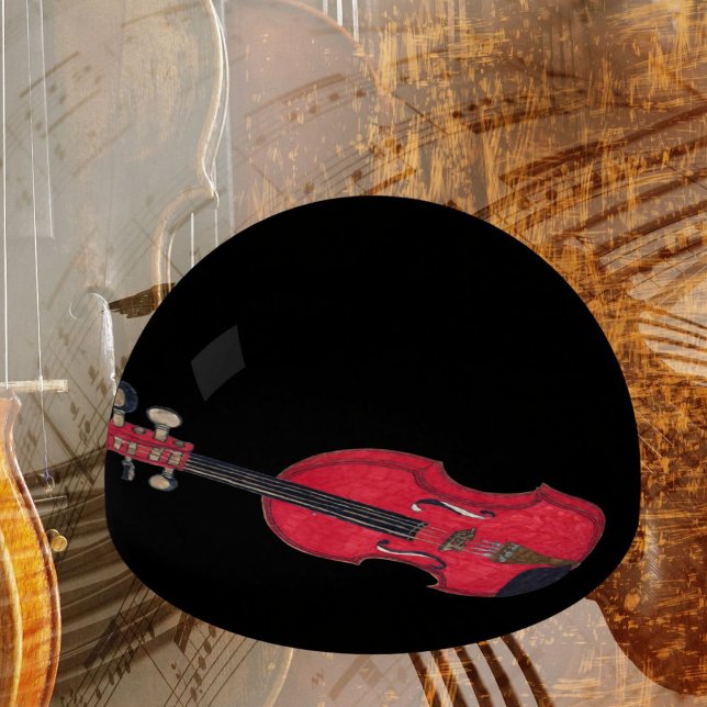 Red violin birthday gift home decor collectible paperweight (Home decor collectible glass paperweight with red violin drawing against a black background)