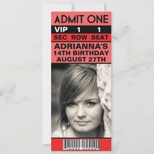 Red VIP Photo Ticket Birthday Party Invitation