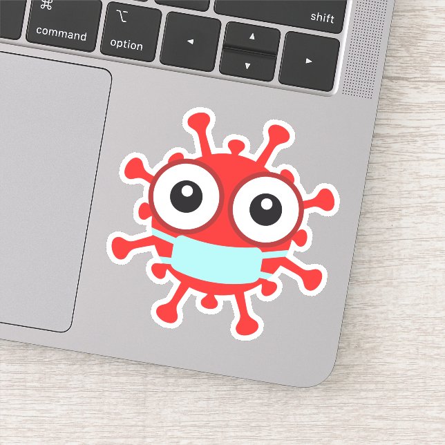 Red virus with face mask sticker (Detail)