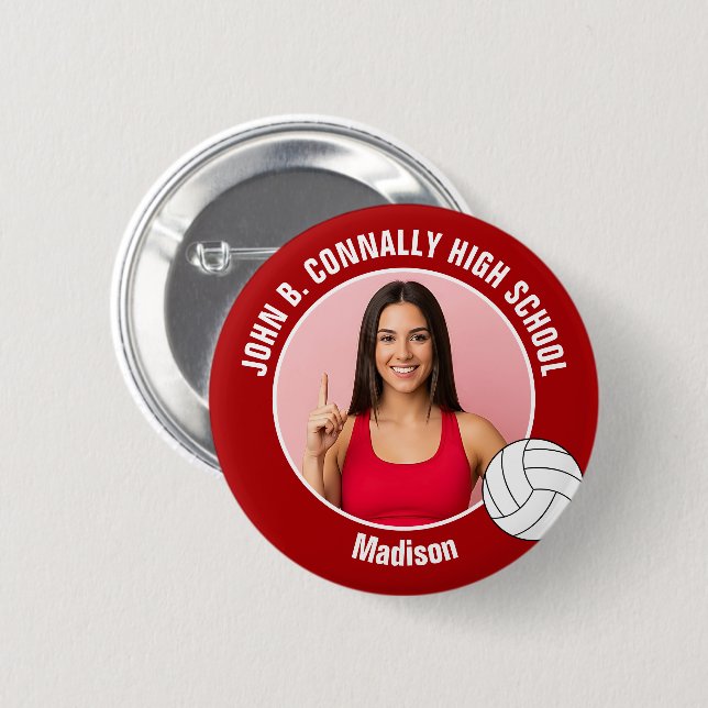 Red Volleyball Player Photo High School Spirit Button (Front & Back)
