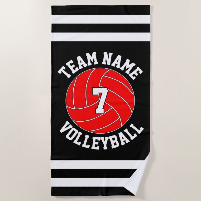 Red Volleyball Team Name and Player Number Custom Beach Towel (Front)