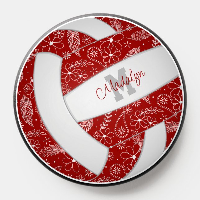 Red volleyball w boho feathers flowers pattern PopSocket (Popsocket)