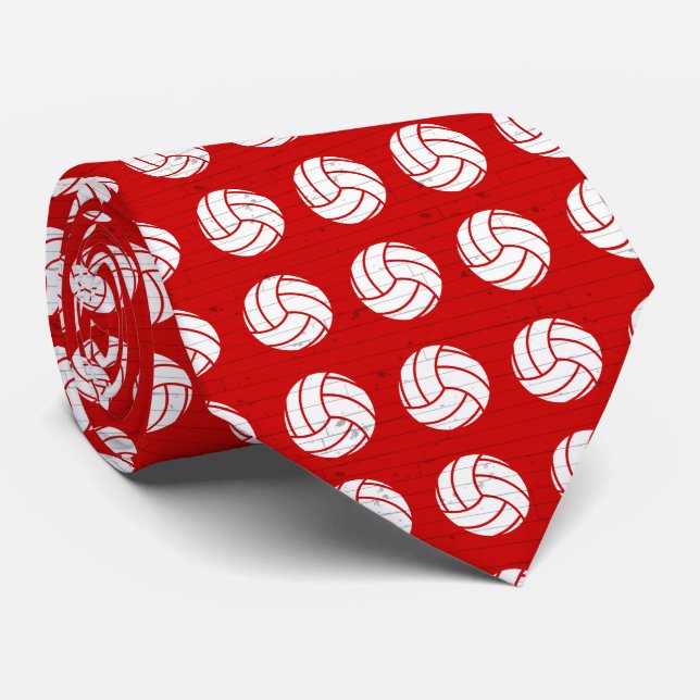 Red Volleyball Wood Floor Patterned Neck Tie (Rolled)