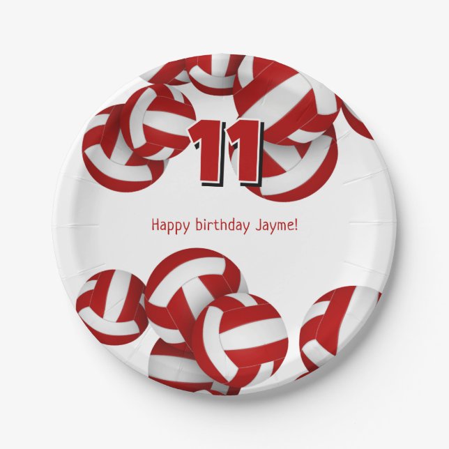 red volleyballs girls boys birthday party paper plates (Front)