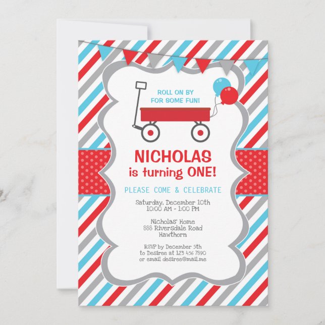 Red Wagon Birthday Invitation, Boy Birthday Party Invitation (Front)